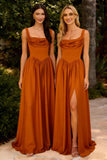 Cowl Neck Satin Prom Dresses Corset Ball Gown Long Puffy A-Line Formal Evening Gown with Slit