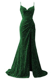 Spaghetti Straps Sequin Prom Dresses for Women 2027 Mermaid Ruched Formal Dress with Slit Sparkly Evening Party Gown