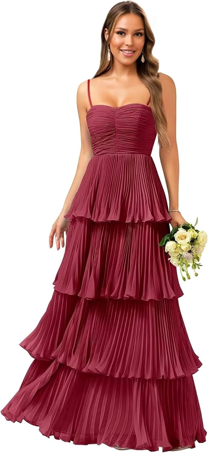 Tiered Ruffle Bridesmaid Dresses for Women Spaghetti Straps Long Chiffon Formal Evening Prom Gowns