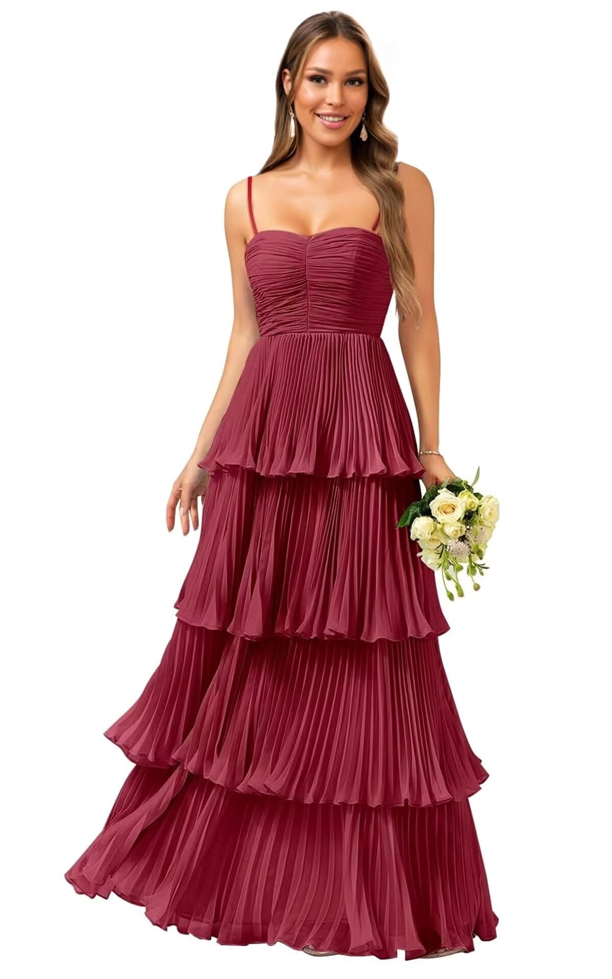 Tiered Ruffle Bridesmaid Dresses for Women Spaghetti Straps Long Chiffon Formal Evening Prom Gowns
