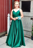Spaghetti Straps Satin Prom Dresses for Women Long with Pockets Pleated Formal Evening Gowns