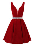 Satin Glitter Homecoming Dresses for Teens Short Prom Dress V-Neck Beaded Evening Formal Cocktail Party Gowns