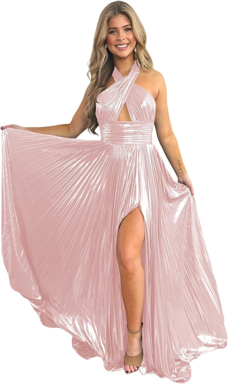 Vestido de fiesta de satén metálico brillante con abertura para mujer, vestido formal de noche plisado con cuello halter 