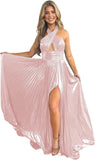 Vestido de fiesta de satén metálico brillante con abertura para mujer, vestido formal de noche plisado con cuello halter 