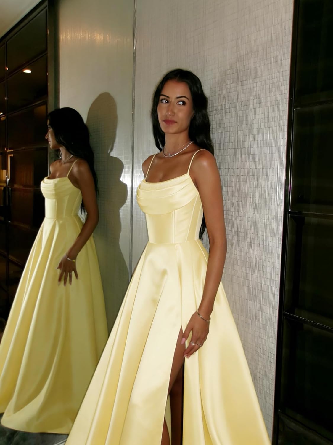 Satin Prom Dresses for Teens Long A-Line Cowl Neck Formal Evening Gown with Slit 2026 Maxi Ball Gowns