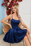 Homecoming Dress Satin Mini for Teens Backless with Pockets Spaghetti Strap Party Cocktail Dress