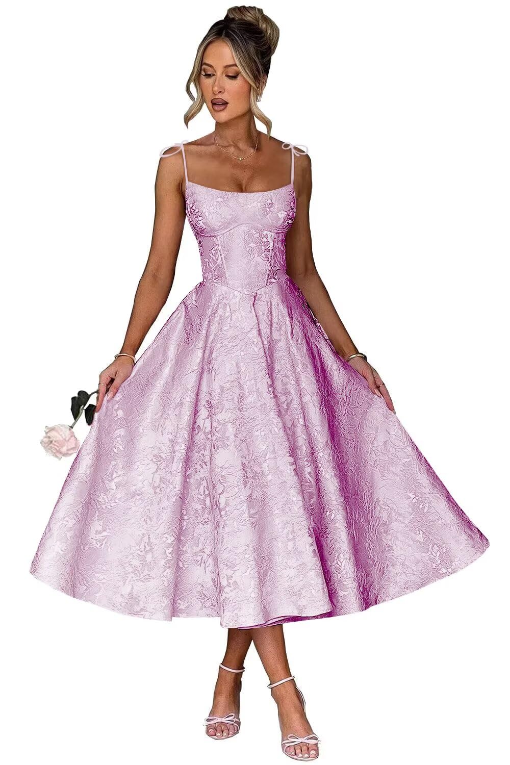 Jacquard Floral Satin Prom Dresses for Women 2026 Spaghetti Straps A-Line Midi Formal Evening Party Gown with Pockets