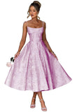 Jacquard Floral Satin Prom Dresses for Women 2026 Spaghetti Straps A-Line Midi Formal Evening Party Gown with Pockets