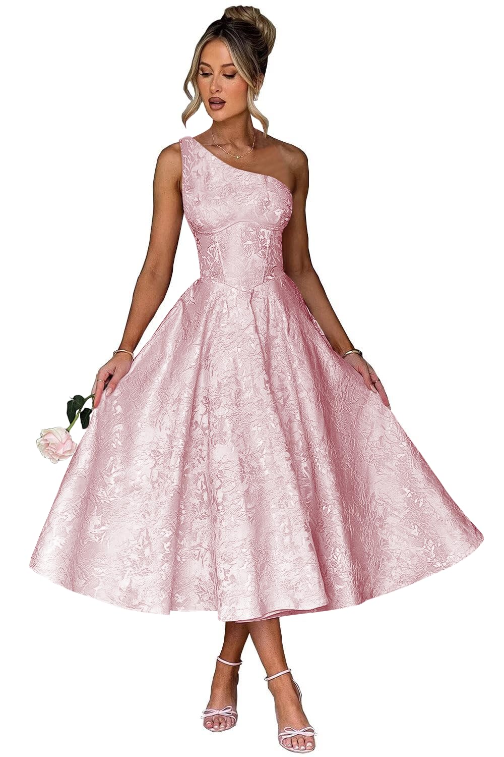 Jacquard Floral Satin Prom Dresses 2026 One Shoulder A-Line Midi Formal Evening Party Gown with Pockets for Women