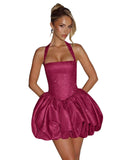 Satin Halter Homecoming Dresses for Teens Short Glitter A-Line Prom Dress Bubble Mini Formal Cocktail Party Gowns