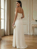 Ruched Strapless Prom Dresses for Women Long A Line Cocktail Dress Pleated Chiffon Formal Wedding Guest Dress