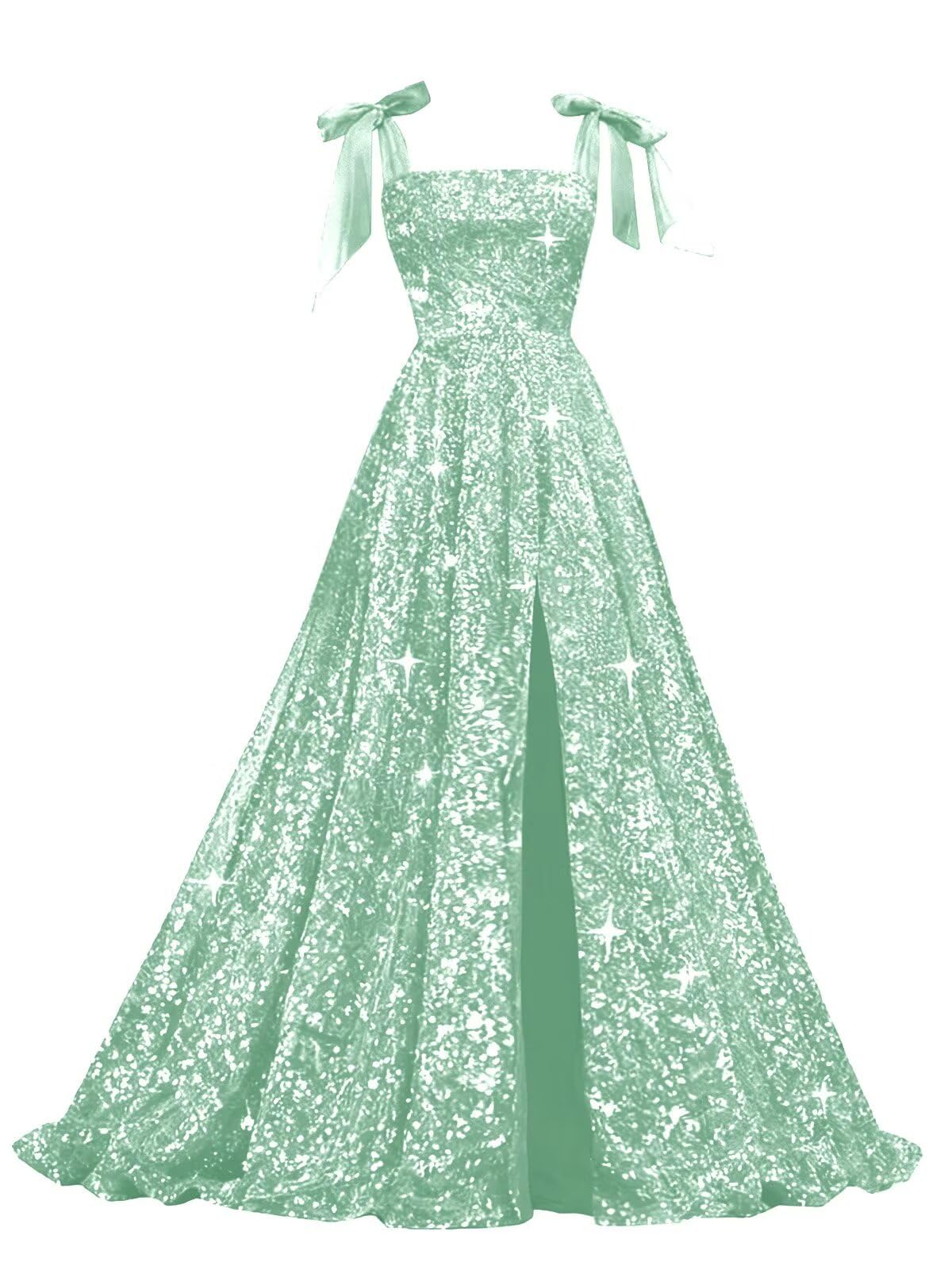 Bow Straps Prom Dresses 2026 Sparkly Sequin Square Neck Ruched Long Puffy Ball Gown Formal Dress with Slit Pockets