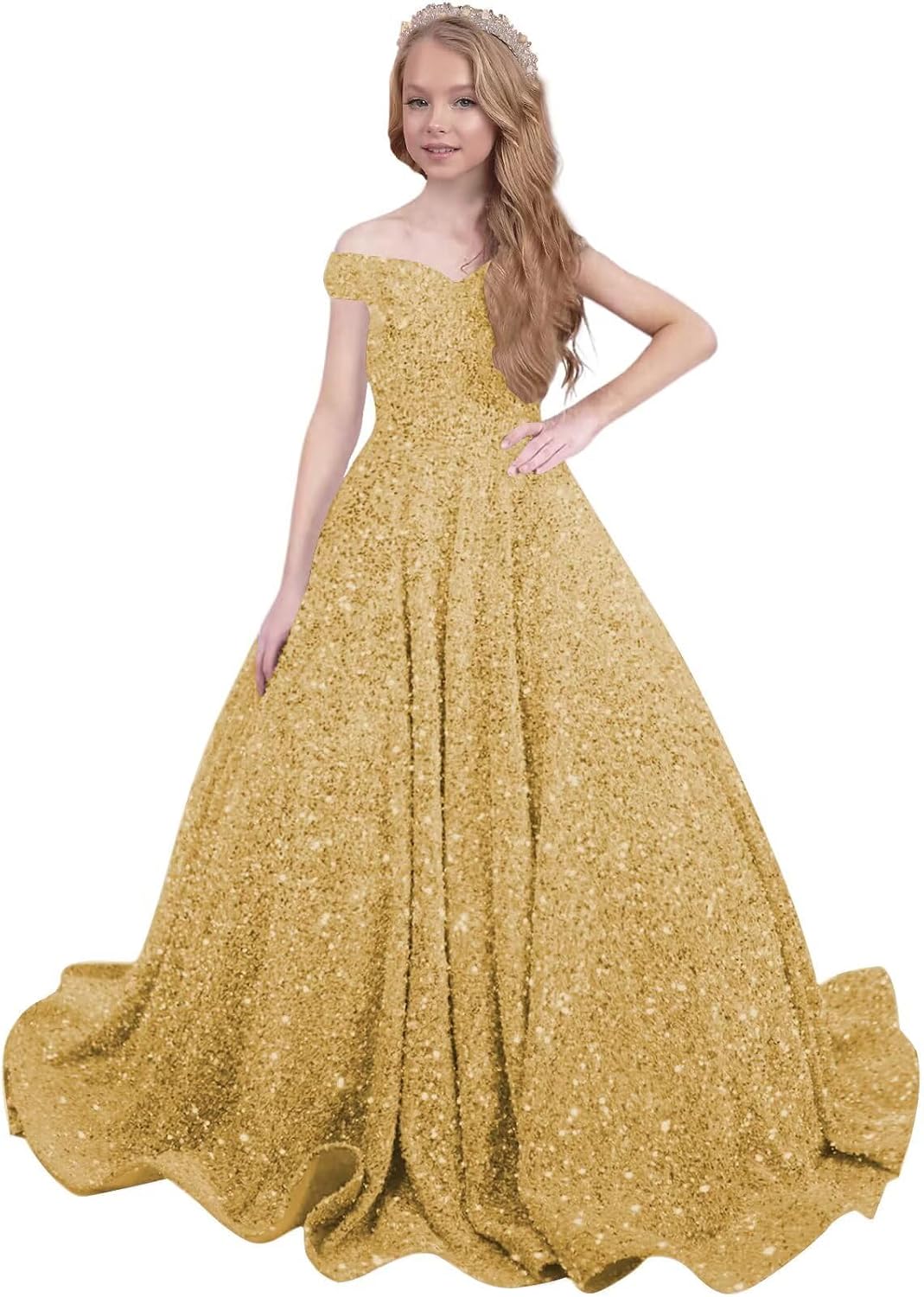Ball Gown Sequin Pageant Dress for Teens Flower Girl Dress Girls Off Shoulder Long Formal Party Dresses 2027