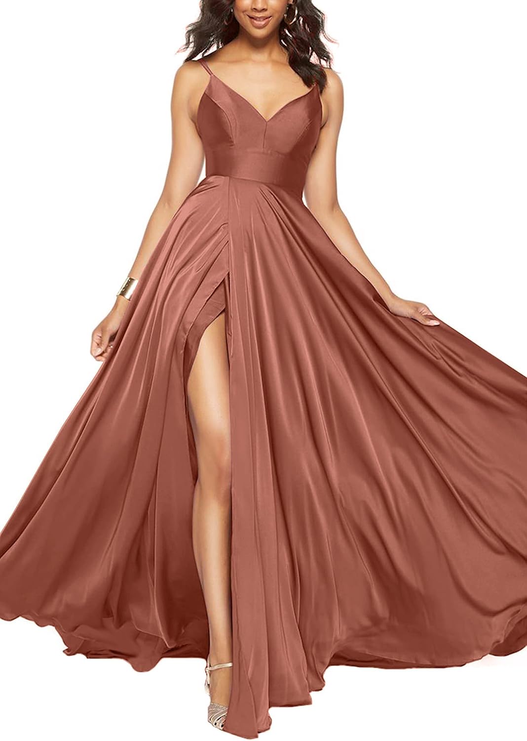 Satin Bridesmaid Dresses for Women Spaghetti Straps Wedding Guest Dress Long V Neck Formal Gown with Slit