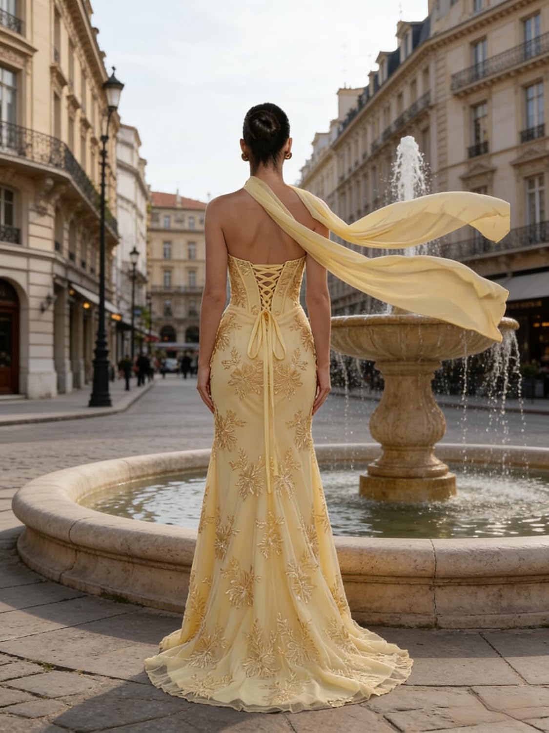 Floral Prom Dresses for Teens Strapless Mermaid Corset Tulle Formal Evening Gown with Slit Scarf