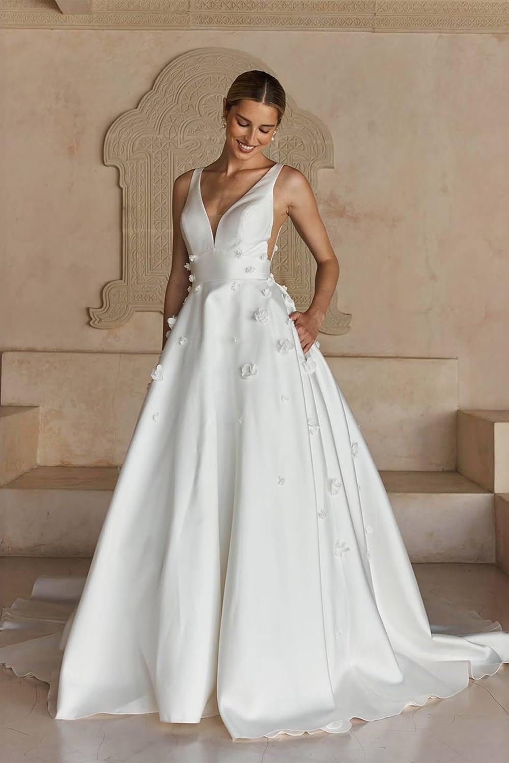 Spaghetti Straps Satin Wedding Dress for Bride 2027 A Line V Neck Bridal Gowns with Train