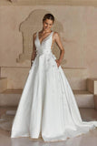 Spaghetti Straps Satin Wedding Dress for Bride 2027 A Line V Neck Bridal Gowns with Train