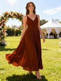 V-Neck Pleated Bridesmaid Dresses for Women Chiffon Spaghetti Straps Pleates Long Formal Wedding Guest Dress