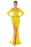Mermaid Sequin Prom Dresses for Women 2026 Long Sleeve Ruched Formal Dress with Slit Sparkly Evening Party Gowns