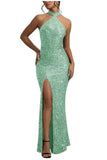 Sequin Mermaid Prom Dresses for Women Long Sparkly Halter-Neck Tight Backless Formal Evening Party Gowns with Slit