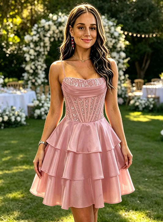 Sequin Tiered Satin A Line Homecoming Dresses for Teens Pleated Sweetheart Neck A Line Homecoming Dresses for Teens Short Corset Lace-up Back Mini HOCO Dress for Women