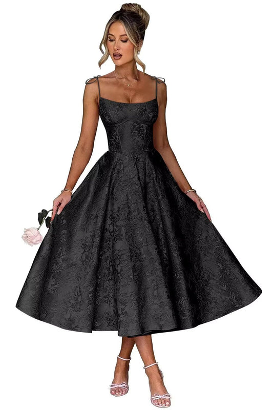 Jacquard Floral Satin Prom Dresses for Women 2026 Spaghetti Straps A-Line Midi Formal Evening Party Gown with Pockets