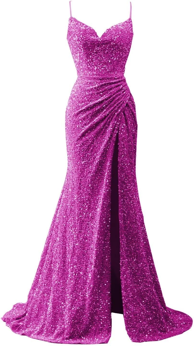 Spaghetti Straps Sequin Prom Dresses for Women 2027 Mermaid Ruched Formal Dress with Slit Sparkly Evening Party Gown