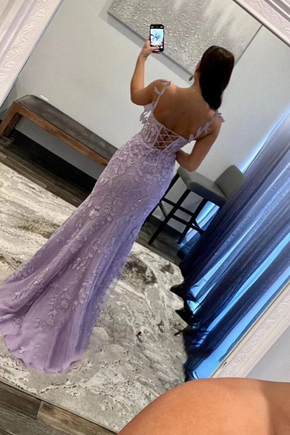 Women's Lace Mermaid Prom Dresses Long with Slit Mermaid Spaghetti Straps Backless Formal Evening Gowns