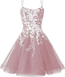 Sparkly Lace Applique Homecoming Dresses for Teens Short Corset Tulle Spaghetti Strap Prom Cocktail Party Dress