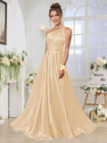 One Shoulder Bridesmaid Dresses for Women Satin Pleated A Line Long Formal Prom Dress with Pockets