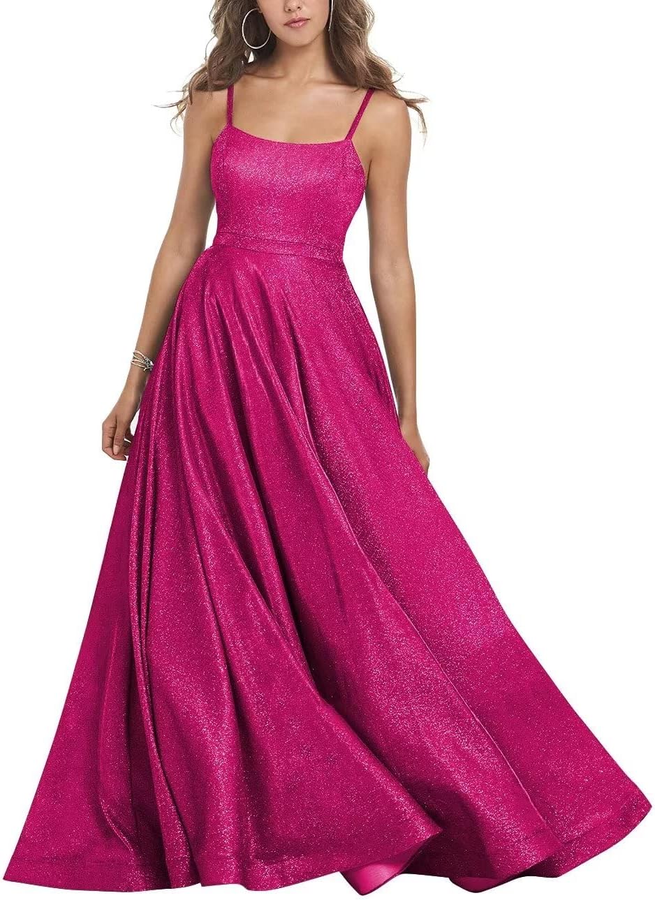 Women's Glitter Prom Dresses Long Ball Gown Spaghetti Straps Neck Formal Evening Party Dress for Teens