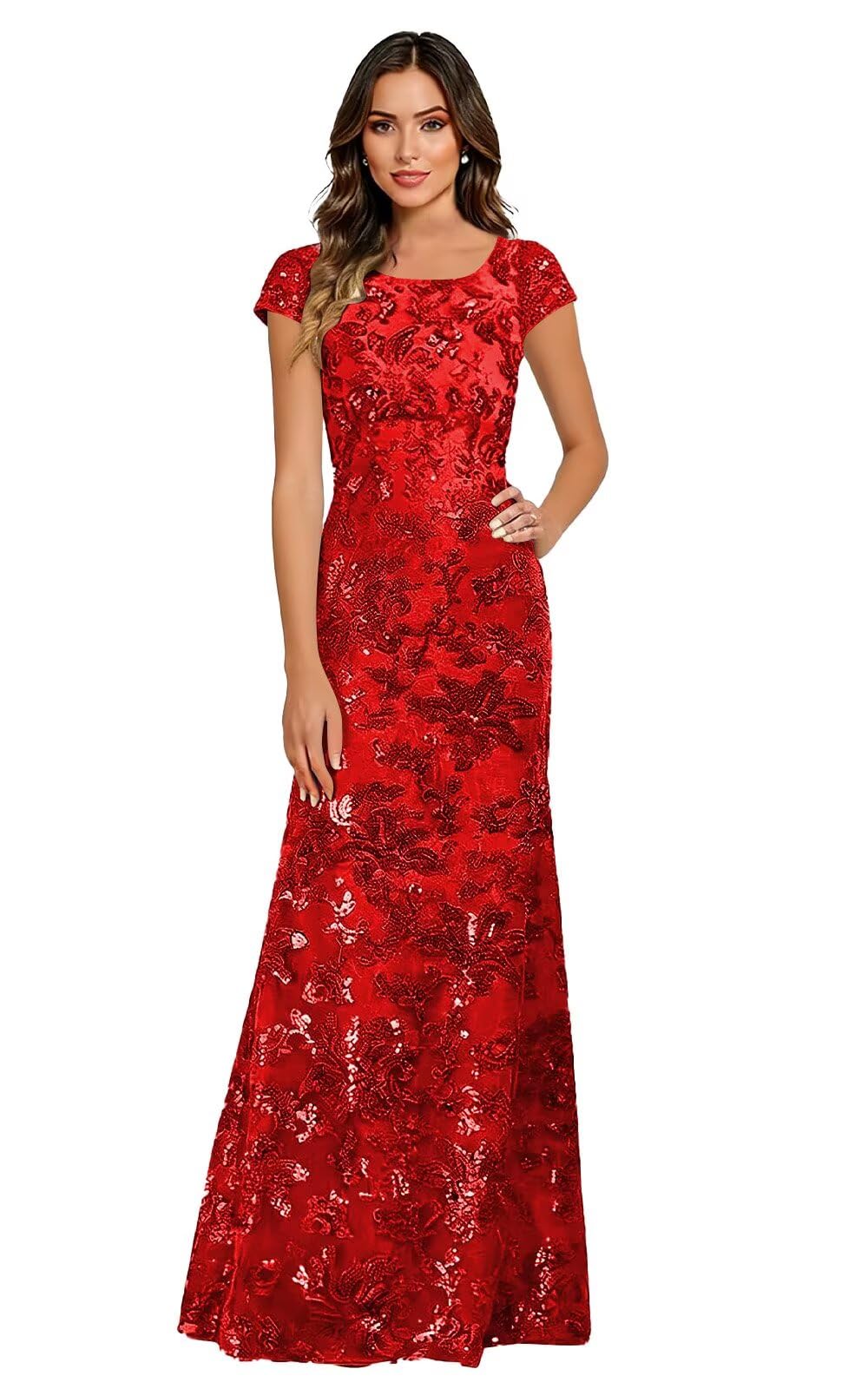 Lace Appliques Scoop Neck Sequin Mother of the Bride Dresses Mermaid Short Sleeve Formal Evening Gowns