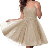 Short Homecoming Dresses Spaghetti Straps V Neck Glitter Tulle Ball Gown Short Prom Graduation Dress for Juniors