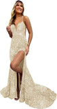 Sparkly Mermaid Sequin Prom Dresses for Women Long Spaghetti Straps V-Neck Formal Evening Party Gowns with Slit