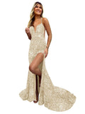 Sparkly Mermaid Sequin Prom Dresses for Women Long Spaghetti Straps V-Neck Formal Evening Party Gowns with Slit