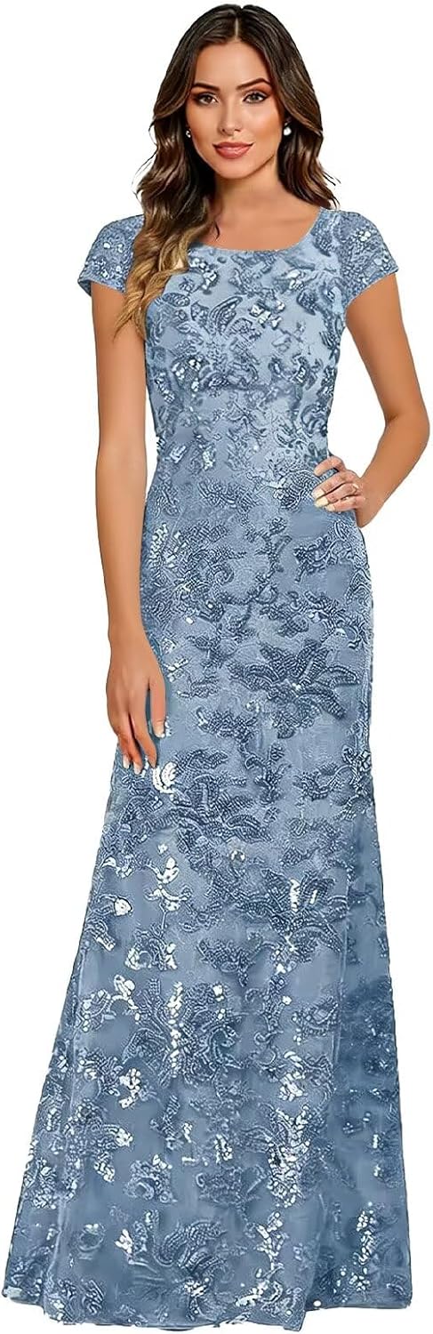 Lace Appliques Scoop Neck Sequin Mother of the Bride Dresses Mermaid Short Sleeve Formal Evening Gowns