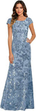 Lace Appliques Scoop Neck Sequin Mother of the Bride Dresses Mermaid Short Sleeve Formal Evening Gowns