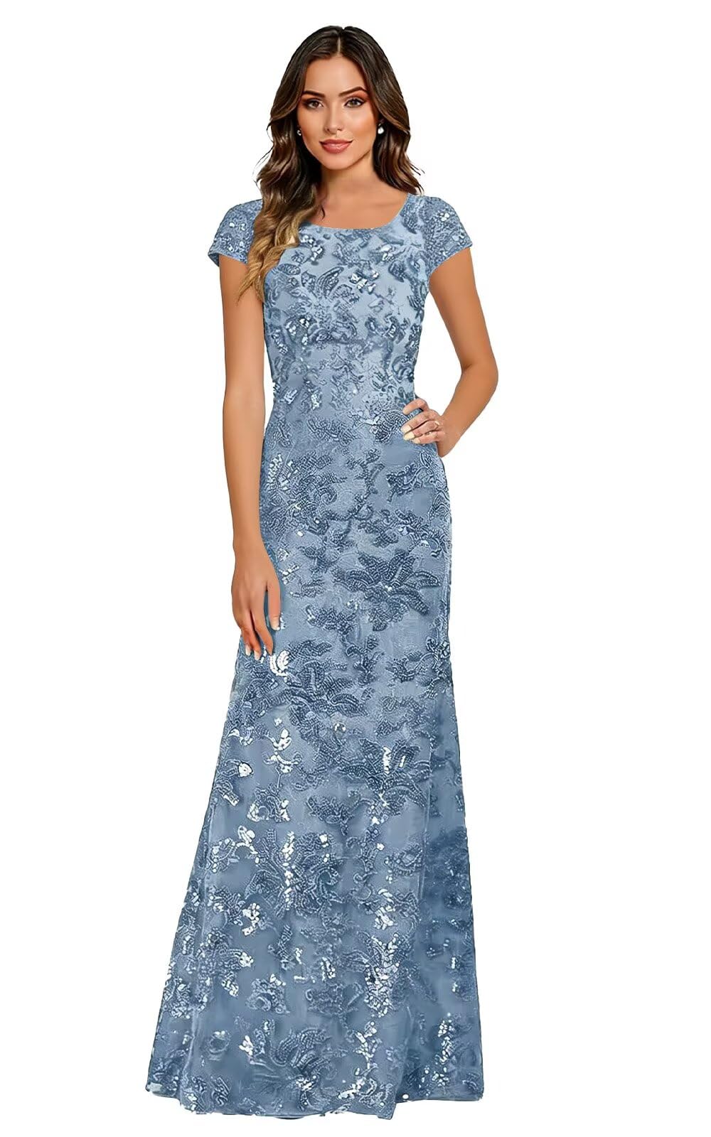 Lace Appliques Scoop Neck Sequin Mother of the Bride Dresses Mermaid Short Sleeve Formal Evening Gowns