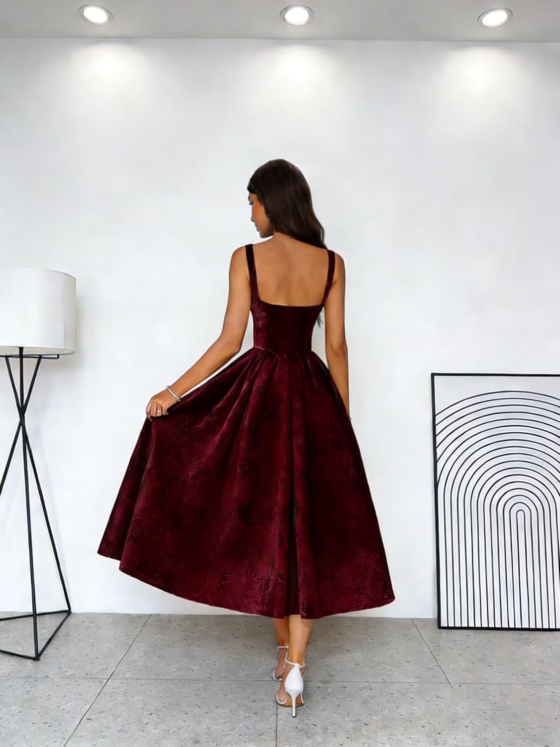 Jacquard Satin Prom Dresses 2026 Floral Square Neck Tea Length Ruched Elegant Formal Ball Gown with Pockets