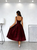 Jacquard Satin Prom Dresses 2026 Floral Square Neck Tea Length Ruched Elegant Formal Ball Gown with Pockets