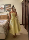 Satin Floral Jacquard Prom Dress for Women Strapless Corset Tea Length Formal Cocktail Evening Gowns