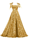 Bow Straps Prom Dresses 2026 Sparkly Sequin Square Neck Ruched Long Puffy Ball Gown Formal Dress with Slit Pockets