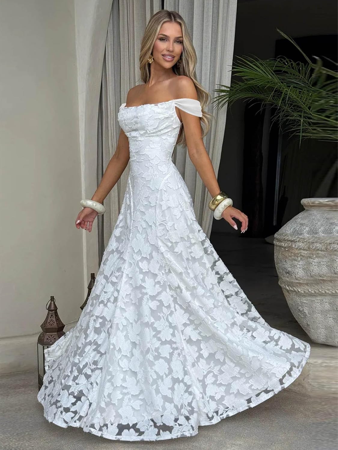 Off The Shoulder Floral Bridesmaid Dresses Long Lace Appliques Formal Gown A Line Wedding Guest Dress