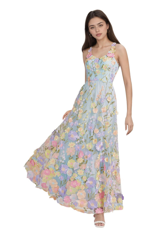 Flower Appliques Prom Dresses for Women Long A-Line Tulle Party Dress 3D Floral Embroidery Evening Gown