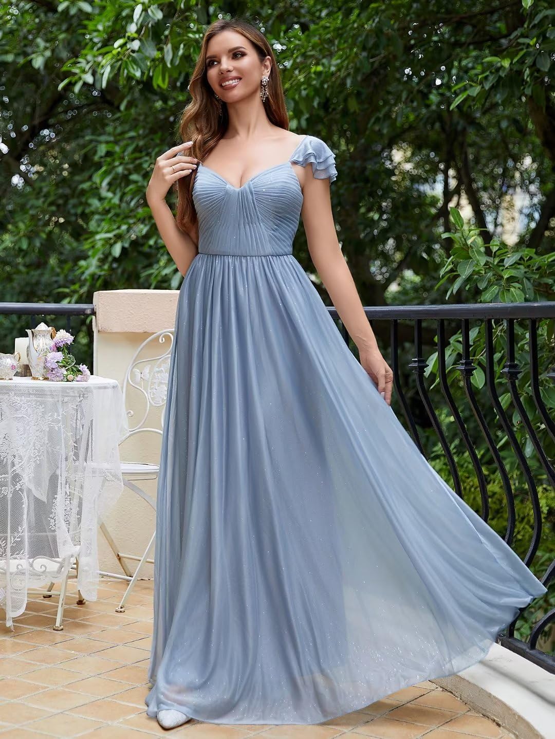 Cap Sleeve Bridesmaid Dresses for Women Long V Neck Ruffled Split Glittery Long Formal Evening Dress with Pocket