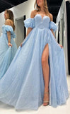 Tulle Prom Dresses for Women 2027 Sparkly Puffy Sleeves Long Ball Gowns with Slit A-Line Evening Dresses