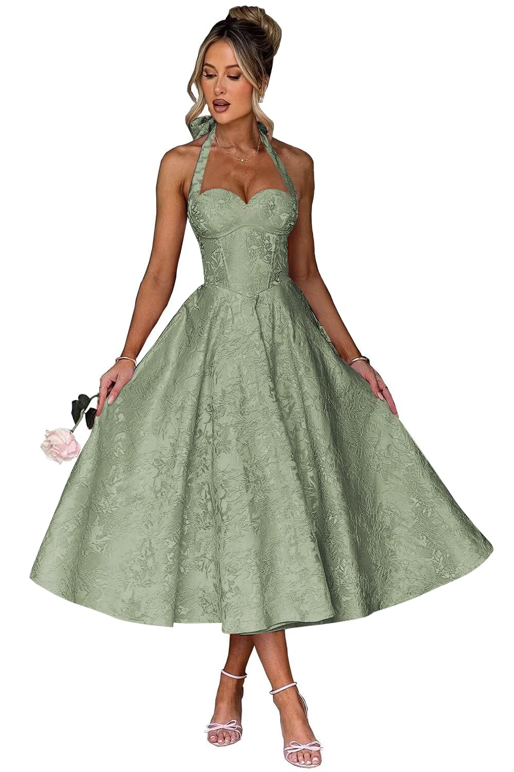 Jacquard Satin Prom Dresses for Women Vintage A-Line Midi Halter Sweetheart Formal Evening Party Gowns with Pockets