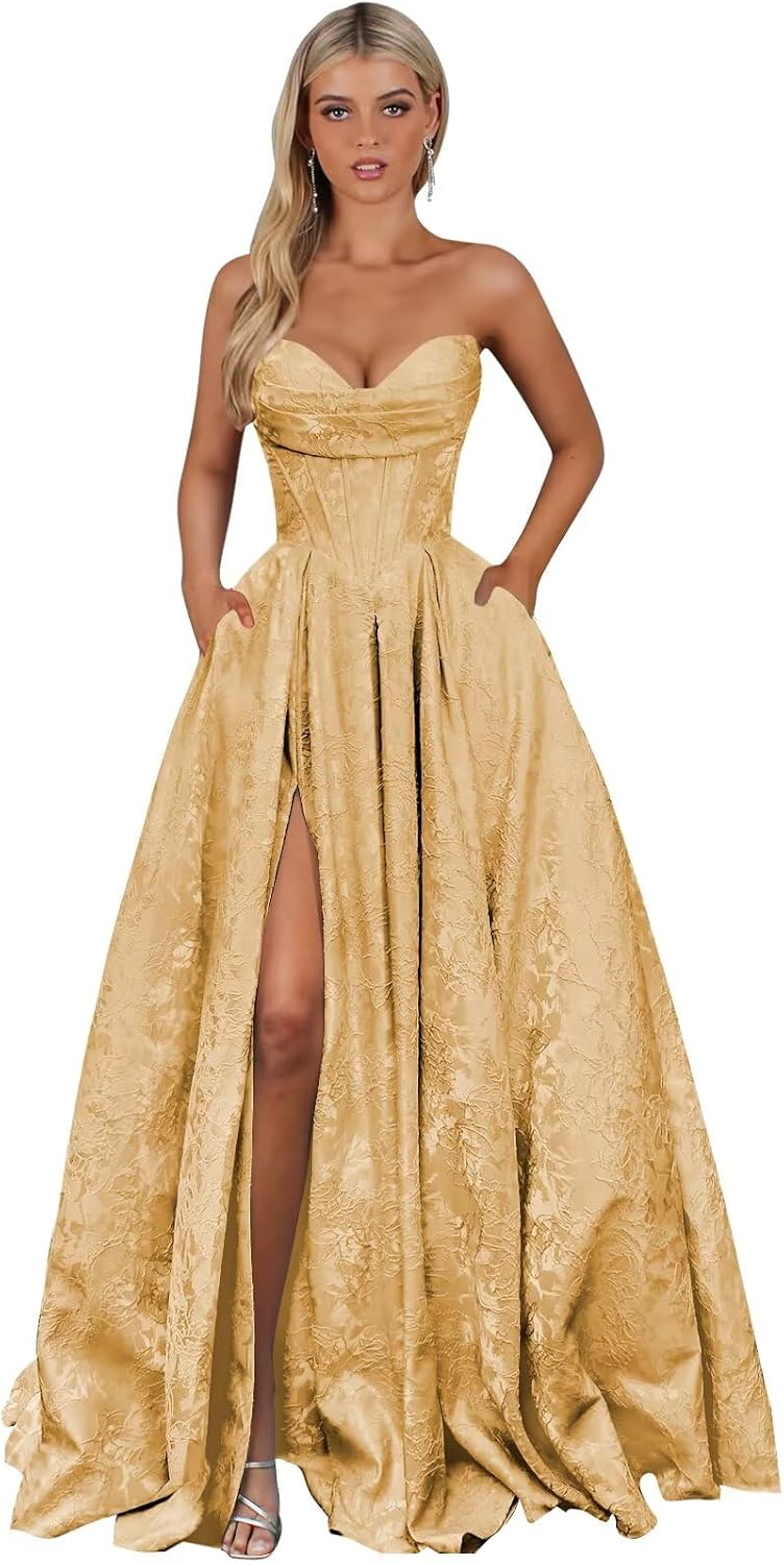 Strapless Jacquard Satin Prom Dresses for Women Corset A Line Long Formal Evening Party Gowns with Slit