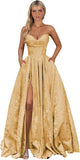 Strapless Jacquard Satin Prom Dresses for Women Corset A Line Long Formal Evening Party Gowns with Slit