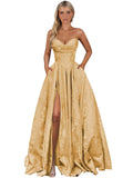 Strapless Jacquard Satin Prom Dresses for Women Corset A Line Long Formal Evening Party Gowns with Slit